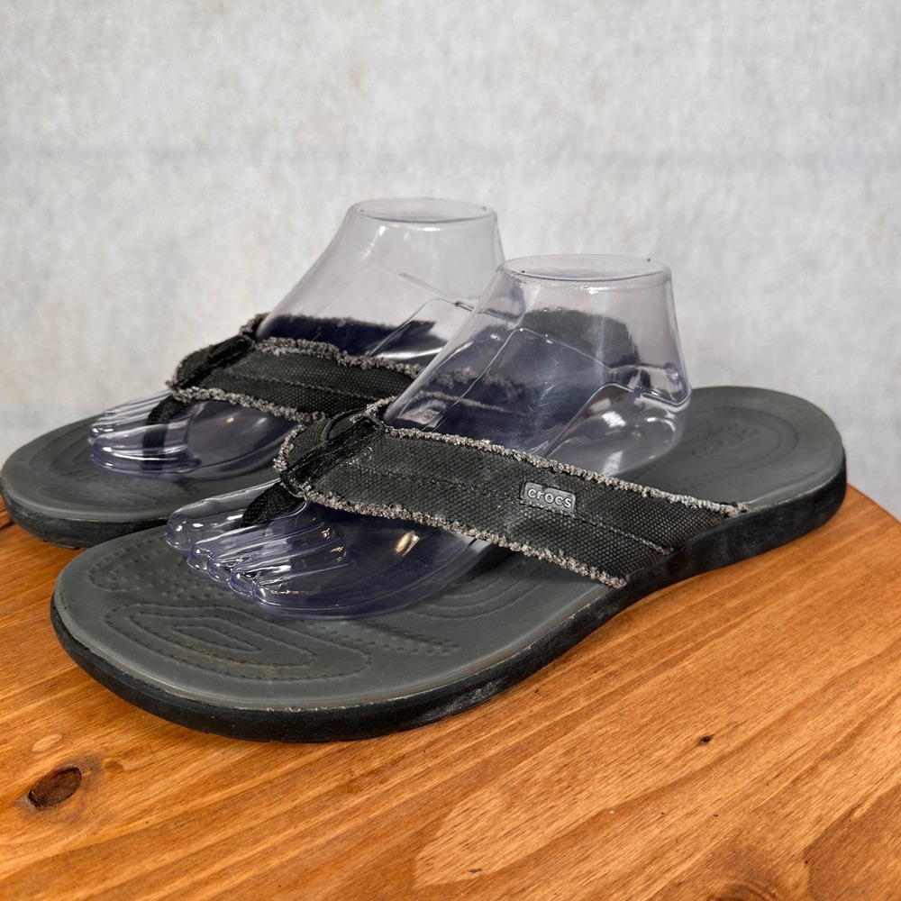 Crocs Santa Cruz Flip Flops Mens 15 Grey Good Canvas Frayed Thong Sandals